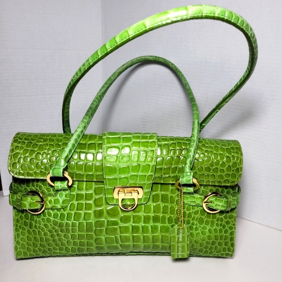 Genuine Leather Green Croc Embossed Handbag Shoulder Bag Satchel Vintage - Picture 16 of 16